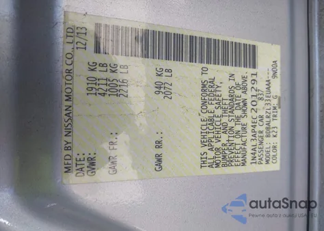 2014 Nissan Altima 2.5/2.5 S/2.5 Sl/2.5 Sv из США, поврежденный, VIN 1N4AL3AP4EC201291